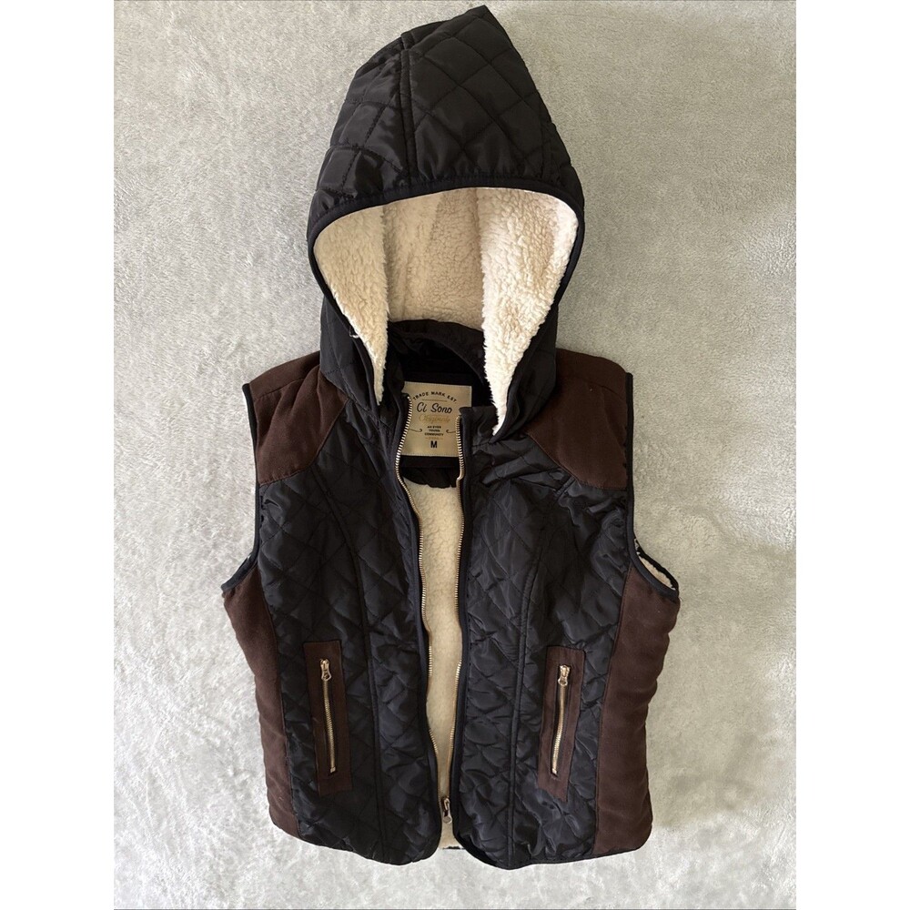 Padded Hooded Wind Resistant Cozy Zip Vest Black Cream Fleece Young Sz M Ci Sono - Picture 5 of 16